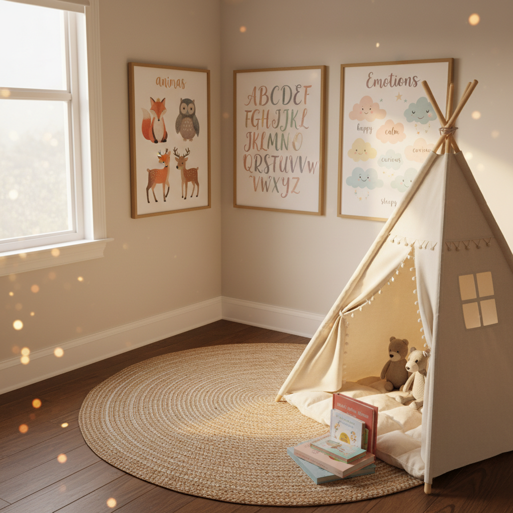 A cozy reading nook set up in a home playroom, where a gallery-style arrangement of themed October Air posters lines a corner wall: woodland animals labeled with their names, a soft pastel alphabet in cursive, and a calming emotions chart featuring expressive illustrated clouds. A low, round braided jute rug anchors the space, with a small tent-like canvas teepee and a pile of neatly stacked storybooks nearby. Golden hour sunlight streams in from the side, creating warm highlights on the poster frames and a gentle bokeh in the distant background. Photographic realism, shot from a slightly elevated angle, conveying a dreamy, whimsical, yet educational atmosphere.