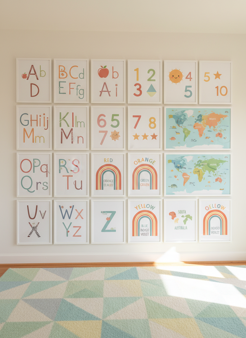 A bright, spacious kids’ playroom wall filled with a neat grid of colorful educational posters, each in a simple white frame. Subjects include the alphabet with playful illustrated letters, numbers with cheerful shapes, a rainbow color chart, and a world map simplified for children. The wall is painted a soft warm white, with light wooden baseboards and a pale pastel rug below. Soft morning sunlight pours in from an unseen window, casting gentle shadows and a cozy glow. Photographic realism, shot straight-on at eye level with sharp focus, creating a clean, modern, inviting atmosphere that highlights the posters as the star of the room.
